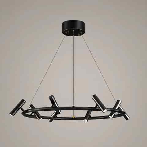 Modern circular black spotlight chandelier with adjustable metal light heads arranged around a slim ring frame