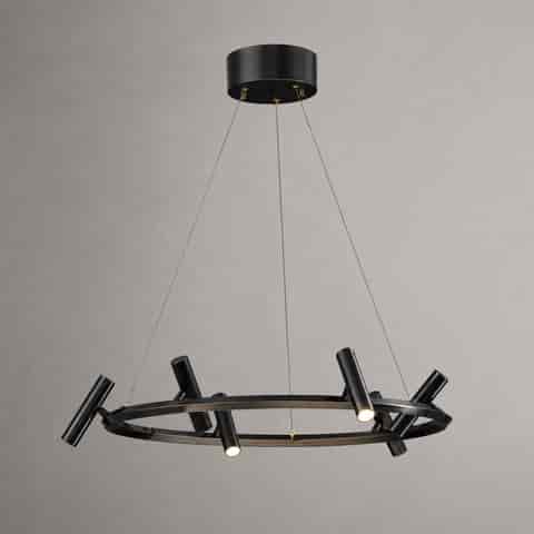 Modern black metal ring chandelier with adjustable cylindrical spotlights, round canopy and suspended cable design