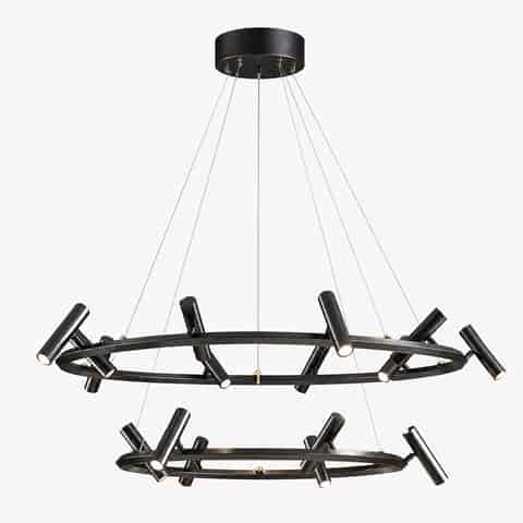 Two tier black metal ring chandelier with multiple adjustable cylindrical spotlights and suspended cable structure