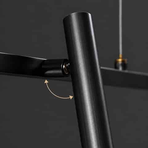 Close up of pivoting adjustable spotlight joint on black metal ring chandelier showing directional movement
