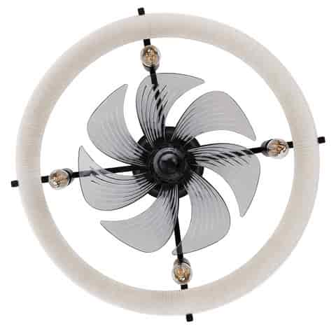 Bottom view of black fandelier with concealed seven blade fan and four light sockets