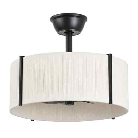 Modern black drum shade fandelier with cream white textured shade and hidden fan