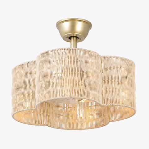Gold 19.7 inch fandelier ceiling fan with natural woven scalloped shade and hidden blades