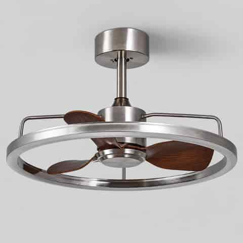 Modern ceiling fan with light featuring three wood grain blades, sand nickel metal housing and a circular LED light ring