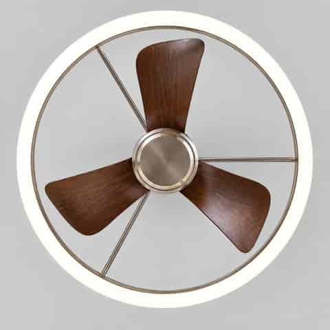 Modern three blade ceiling fan with integrated circular LED light ring and sand nickel finish viewed from below