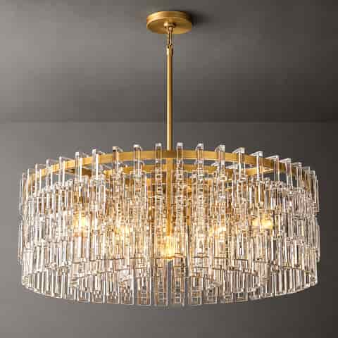 Gold finish drum chandelier with clear rectangular accents and a single central suspension rod