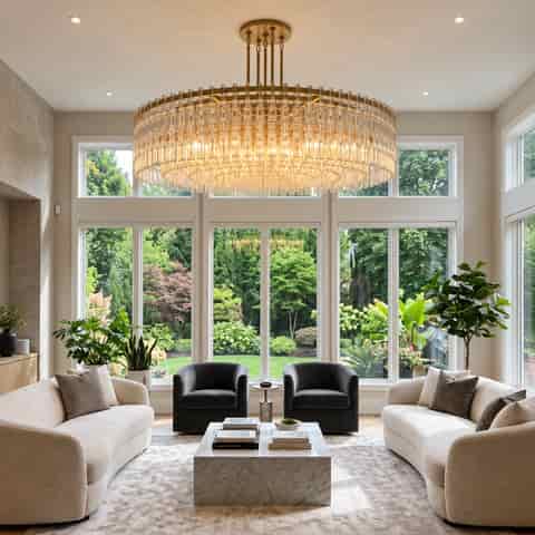 A gold metal and crystal chandelier installed in a bright living room