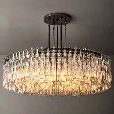 Black drum chandelier with clear hanging accents and a long central suspension rod for modern interiors