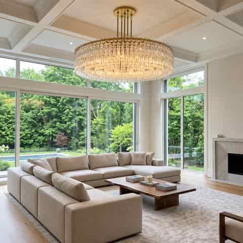 Modern crystal style drum chandelier in a spacious luxury living room with large windows and a sectional sofa