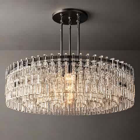 Black finish drum chandelier with three suspension rods and layered clear decorative elements