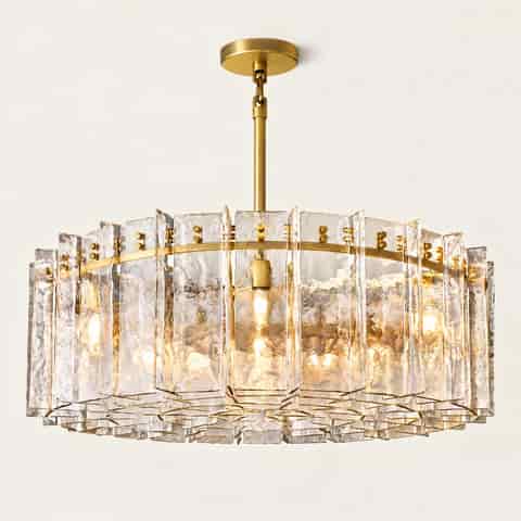 Wholesale Gold Textured Glass Drum Chandelier, Modern Decorative Pendant Light for Hospitality, Residential and Commercial Projects