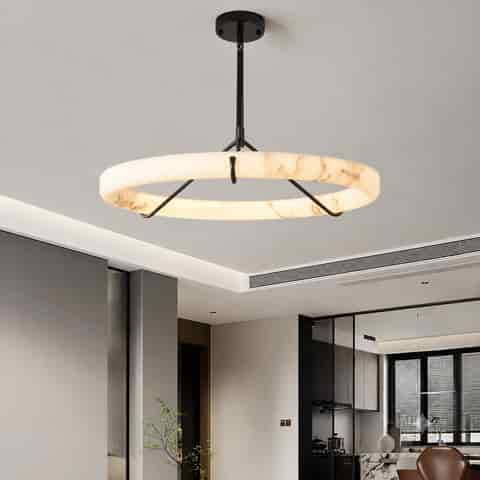 Large faux alabaster ring LED chandelier in a modern living and dining space