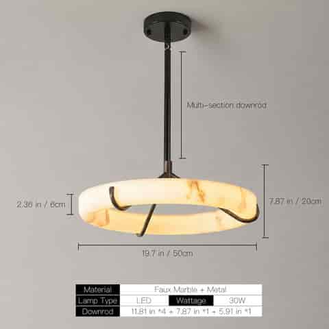 19.7 inch faux alabaster ring LED chandelier with metal frame and multi section downrod