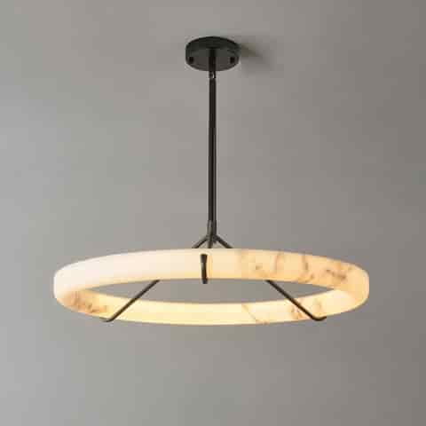 Modern faux alabaster halo chandelier with dark metal frame and warm glow