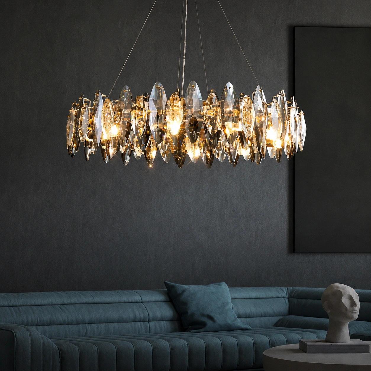 Modern Smoked Crystal Chandelier with Gold Frame for Dining & Living Rooms