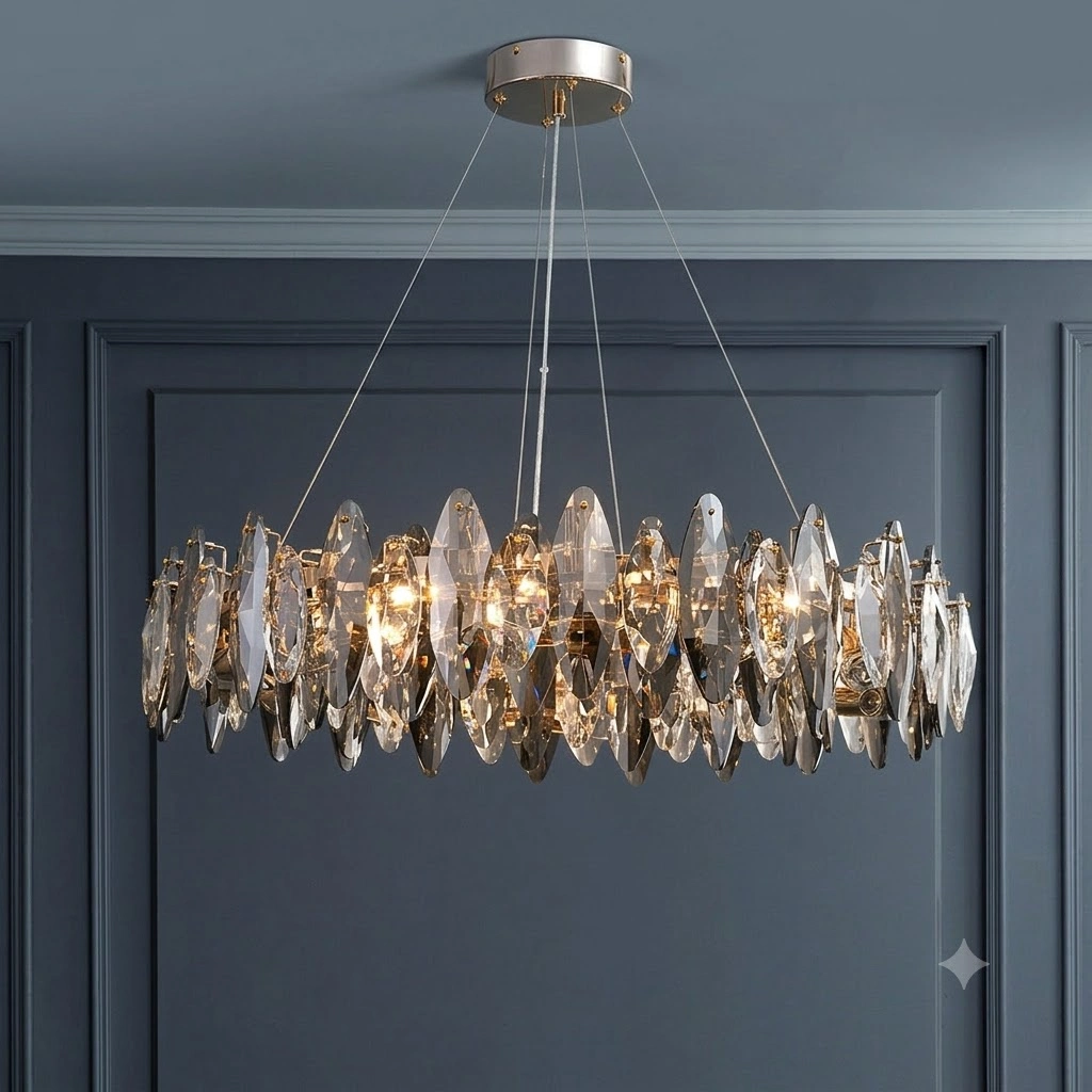 Modern Smoked Crystal Chandelier with Gold Frame for Dining & Living Rooms