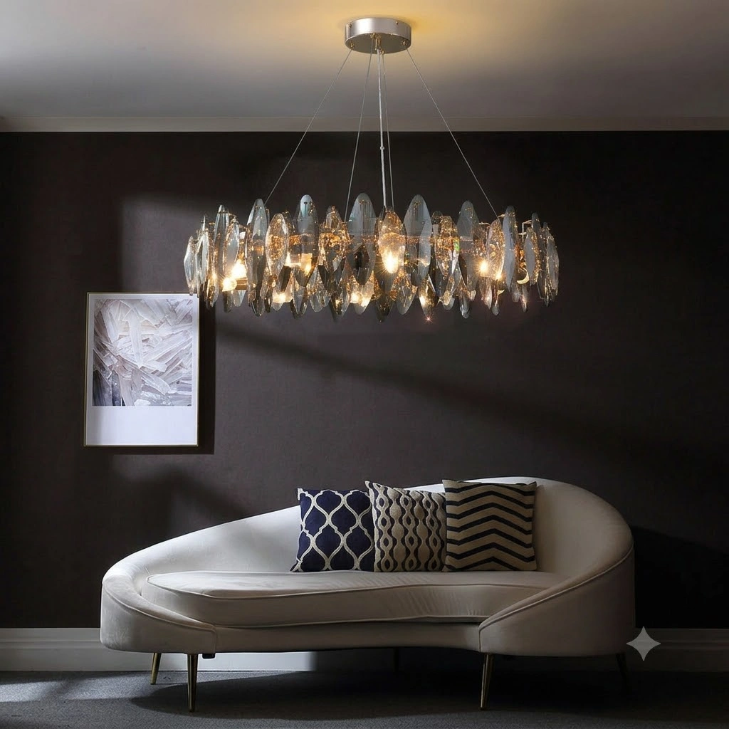 Modern Smoked Crystal Chandelier with Gold Frame for Dining & Living Rooms