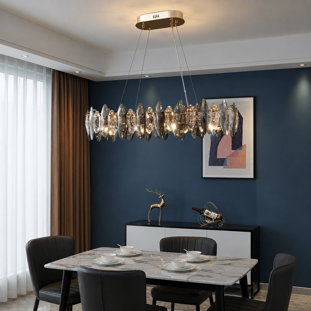 Modern Smoked Crystal Chandelier with Gold Frame for Dining & Living Rooms