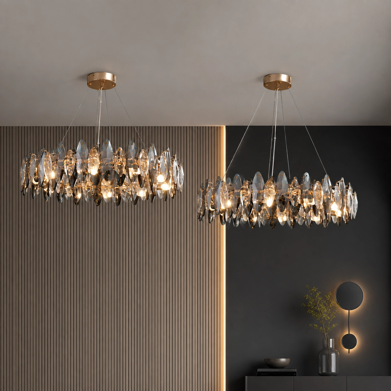 Modern Smoked Crystal Chandelier with Gold Frame for Dining & Living Rooms