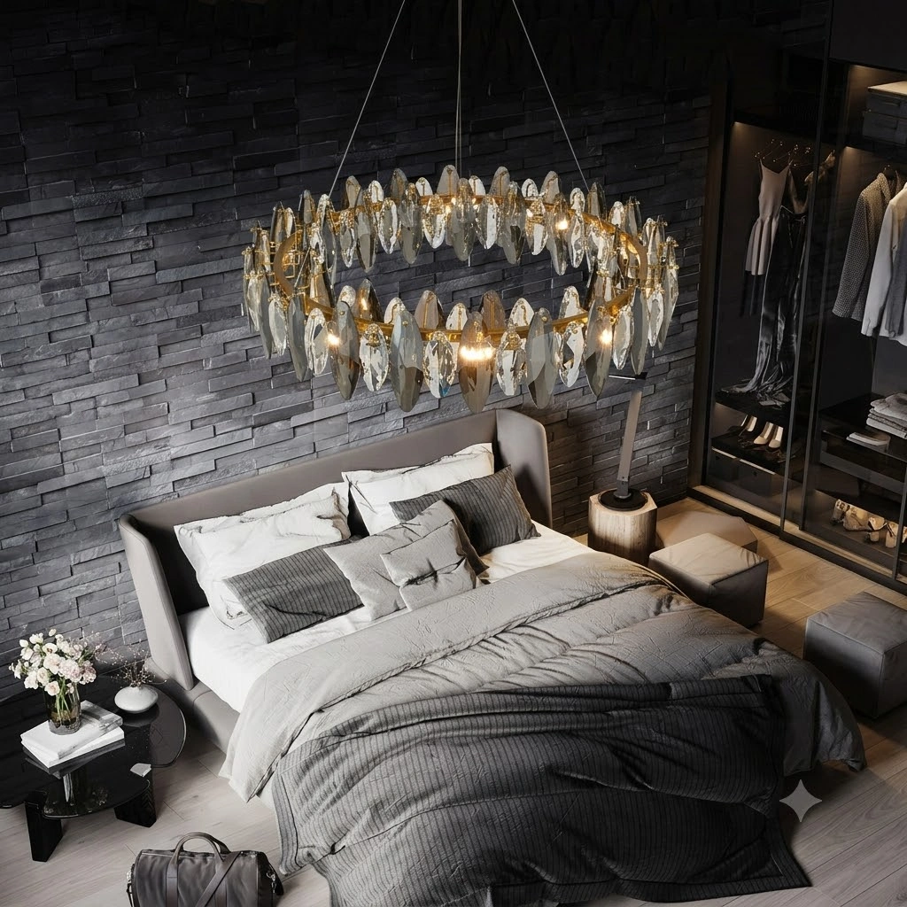 Modern Smoked Crystal Chandelier with Gold Frame for Dining & Living Rooms
