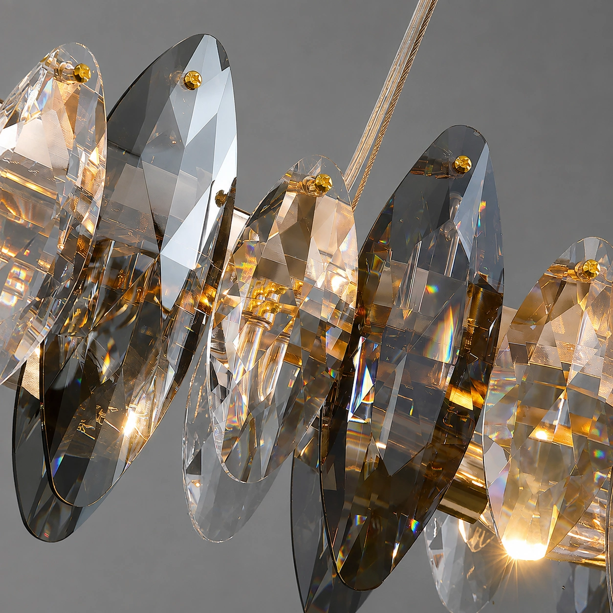 Modern Smoked Crystal Chandelier with Gold Frame for Dining & Living Rooms