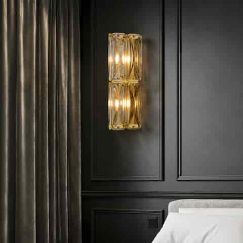 Luxury glass block wall sconce in an elegant transitional living room interior