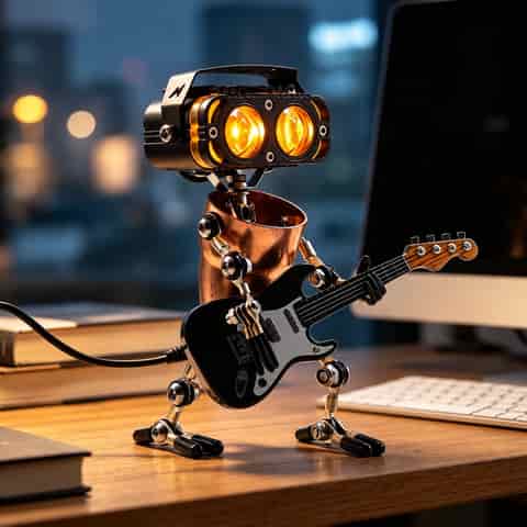 Illuminated steampunk robot table lamp holding a black electric guitar on a warm wooden workspace beside a computer