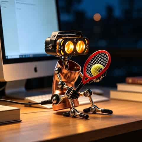 Industrial robot table lamp with copper tone body, dual amber light lenses and a red tennis racket in a modern home office setting