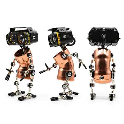 Three view display of a steampunk robot table lamp showing its front, side and rear mechanical construction