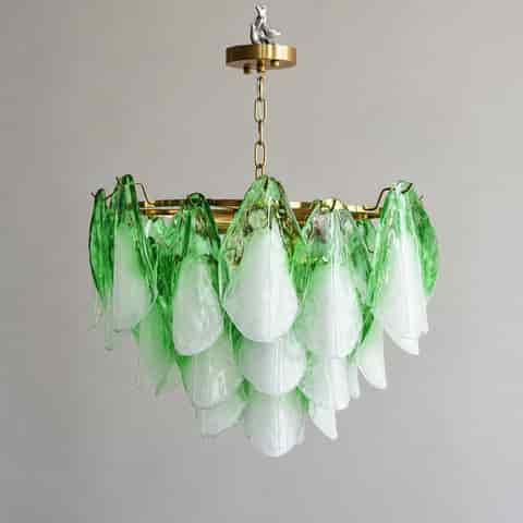 Full view of a green Murano glass petal chandelier with gold tone metal frame and chain