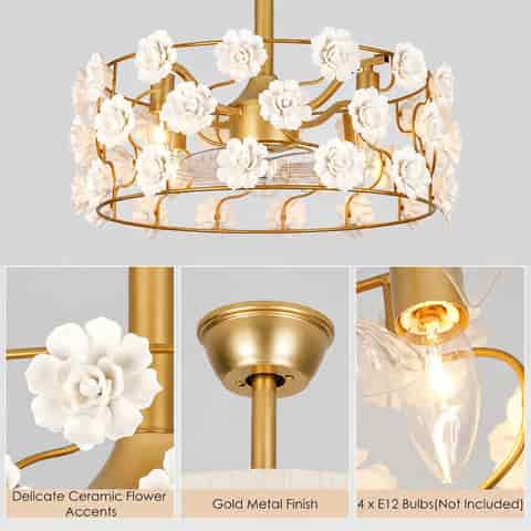 Gold flower fandelier with white ceramic floral accents, hidden fan blades and four E12 lights