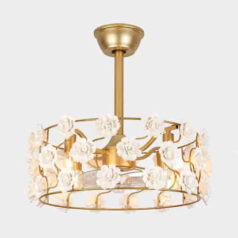 Gold flower chandelier ceiling fan with white ceramic accents and four E12 lights