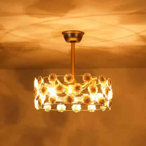 Warm glowing ceramic flower fandelier ceiling fan with gold metal cage