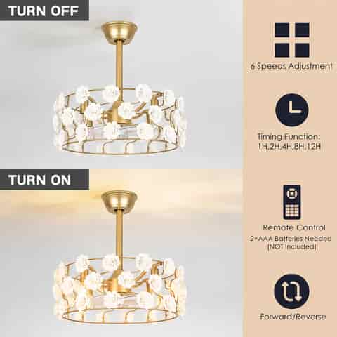 Remote controlled flower fandelier with six fan speeds, timer and forward reverse function