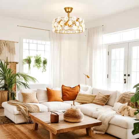 Gold ceramic flower fandelier ceiling fan in a bright boho living room