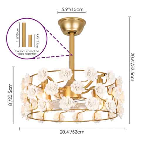 20.4 inch gold ceramic flower fandelier ceiling fan dimensions with two downrod options