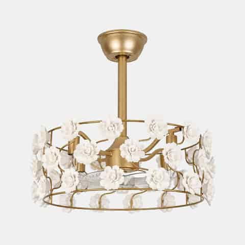 20 inch gold floral fandelier with white ceramic flowers and hidden ceiling fan