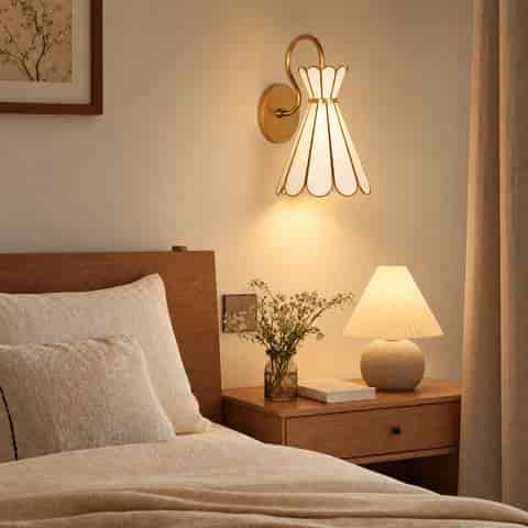 Sculptural gold shell wall sconce with radiating shell panels and brushed gold center band