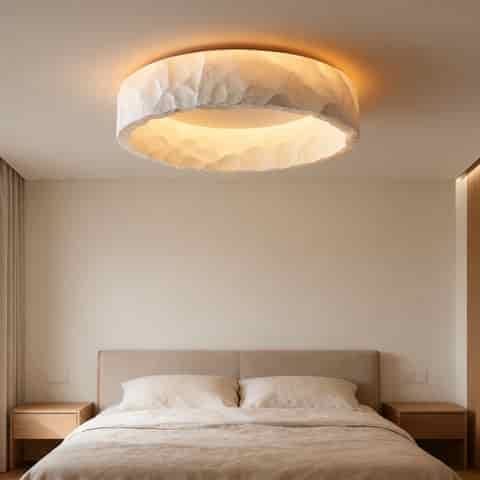 Ivory white organic modern resin and acrylic flush mount ceiling light with textured sculptural surface in a minimalist bedroom