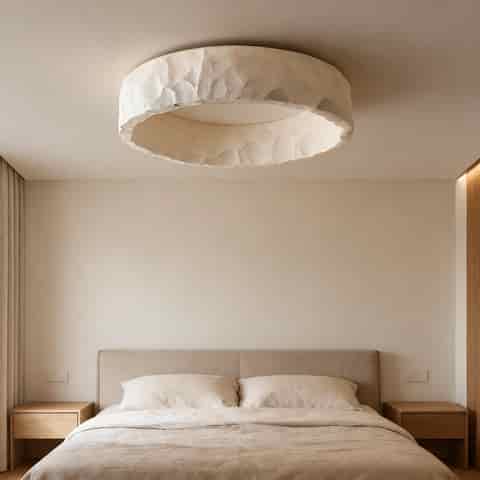 Ivory Wabi Sabi flush mount ceiling light creating a warm ambient glow in a neutral modern bedroom
