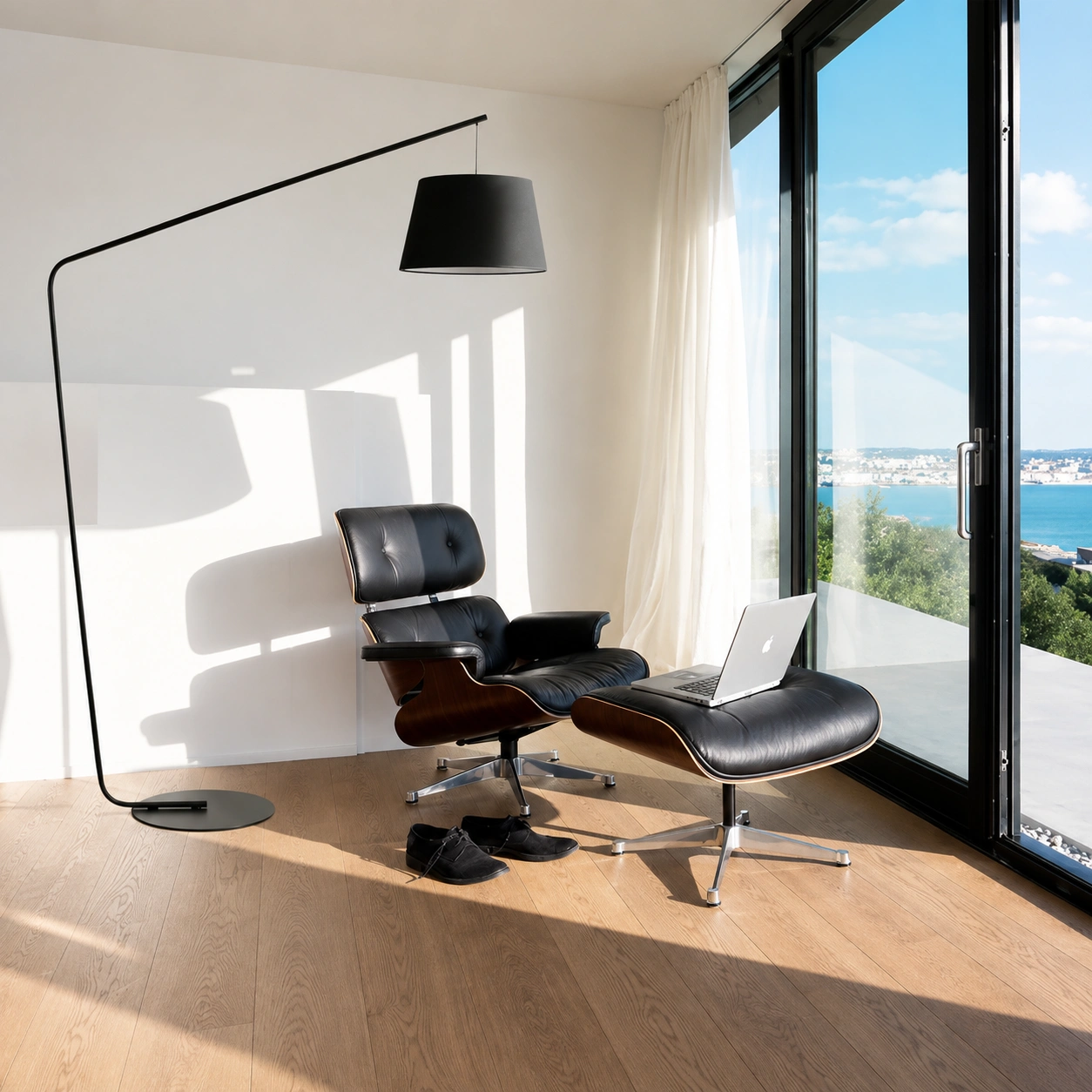 Modern Black Cantilever Floor Lamp with Drum Shade for Living Room