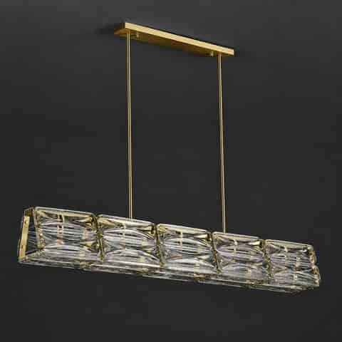 Modern copper and textured glass linear chandelier with layered rectangular glass blocks and dual downrods
