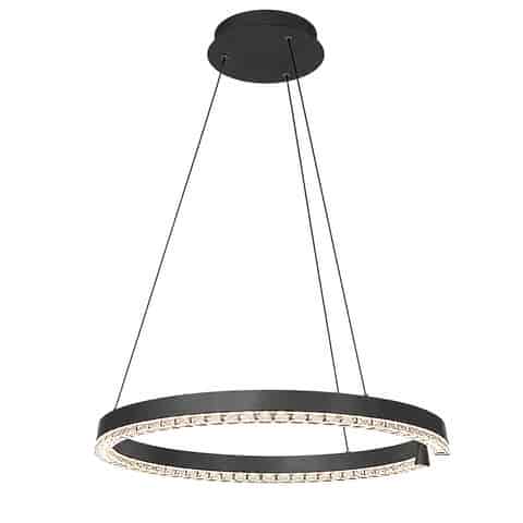 Modern graphite gray spiral ring chandelier with clear prismatic diffuser and minimalist cable suspended construction
