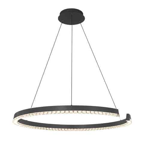 Graphite gray spiral LED chandelier with sculptural open ring design, clear prismatic diffuser and cable suspension