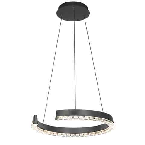 Graphite gray open ring LED chandelier with clear faceted light diffuser, round canopy and slim suspension cables