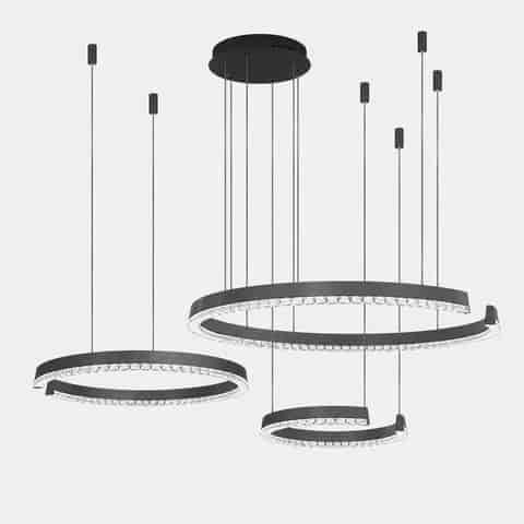 Graphite gray spiral LED chandelier collection in multiple sizes with individual suspension points and clear faceted diffusers