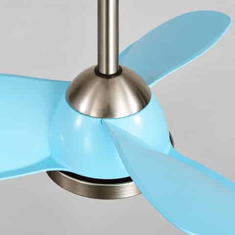 Close up of sand nickel motor housing and sky blue acrylic blades on a modern ceiling fan