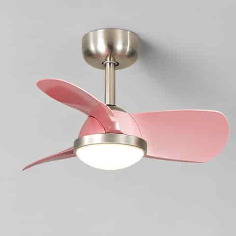 Modern sand nickel ceiling fan with light and blush pink acrylic blades, close up view