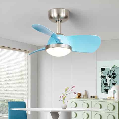 Modern sand nickel ceiling fan with light and sky blue acrylic blades in a contemporary dining space