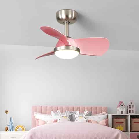 Sand nickel ceiling fan with light and blush pink acrylic blades above a modern children's bedroom